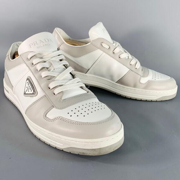 PRADA Size 11 White Grey Color Block Perforated Leather Logo Low Top Sneakers - Picture 1 of 11